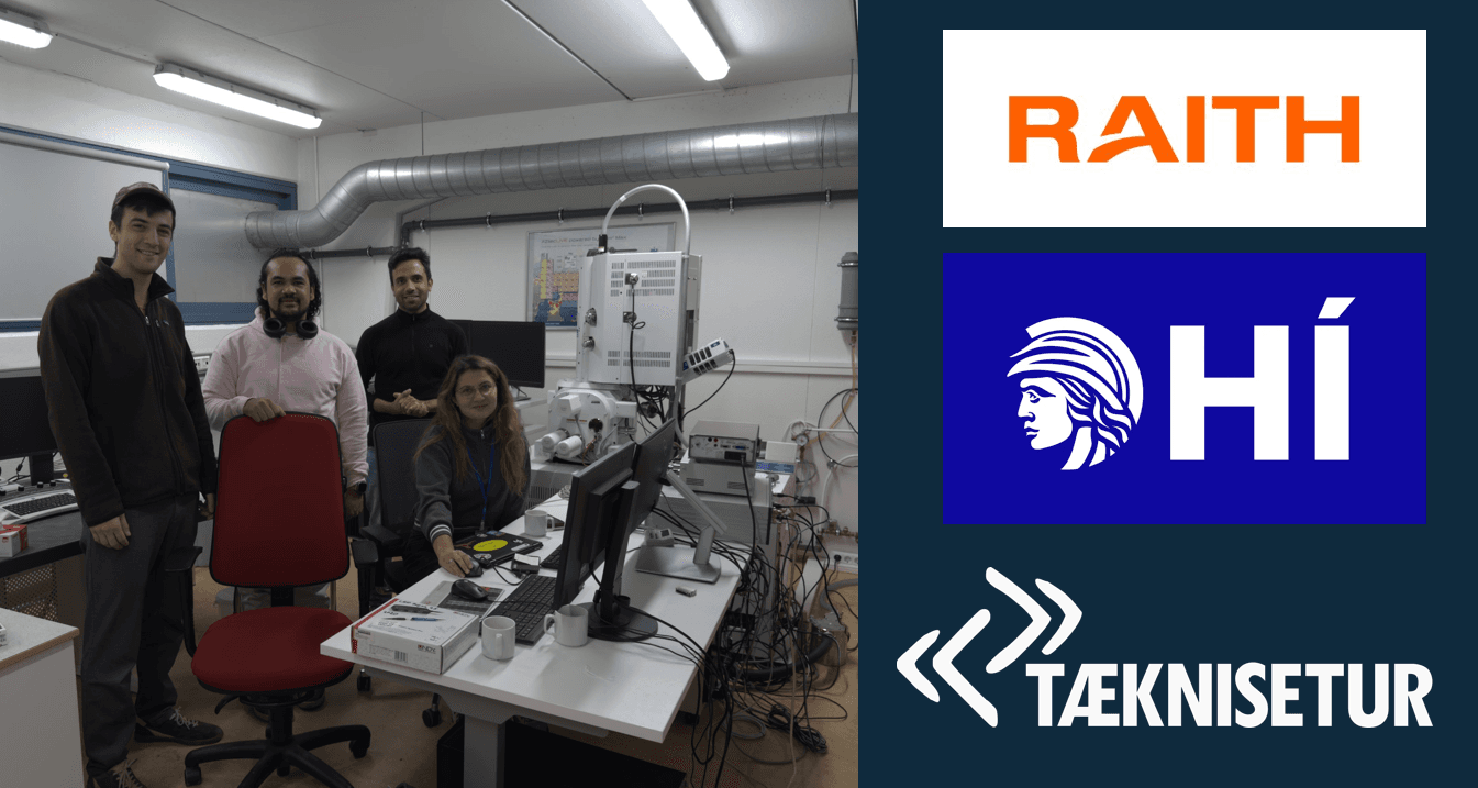 From left: Damian (University of Iceland), Andrés and Kamal (Tæknisetur), with Tetyana Shalomayeva (Raith) at the controls